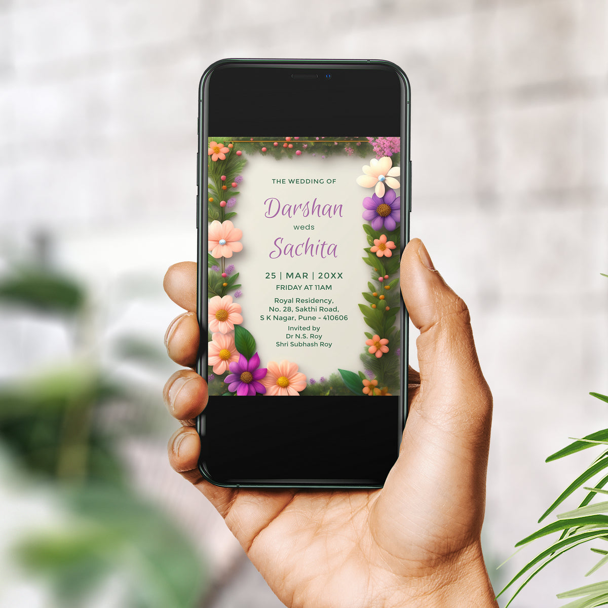 Purple Green Floral Wedding Invitation Template, Printable Invitation, Evite, Digital Wedding Invite, – W181