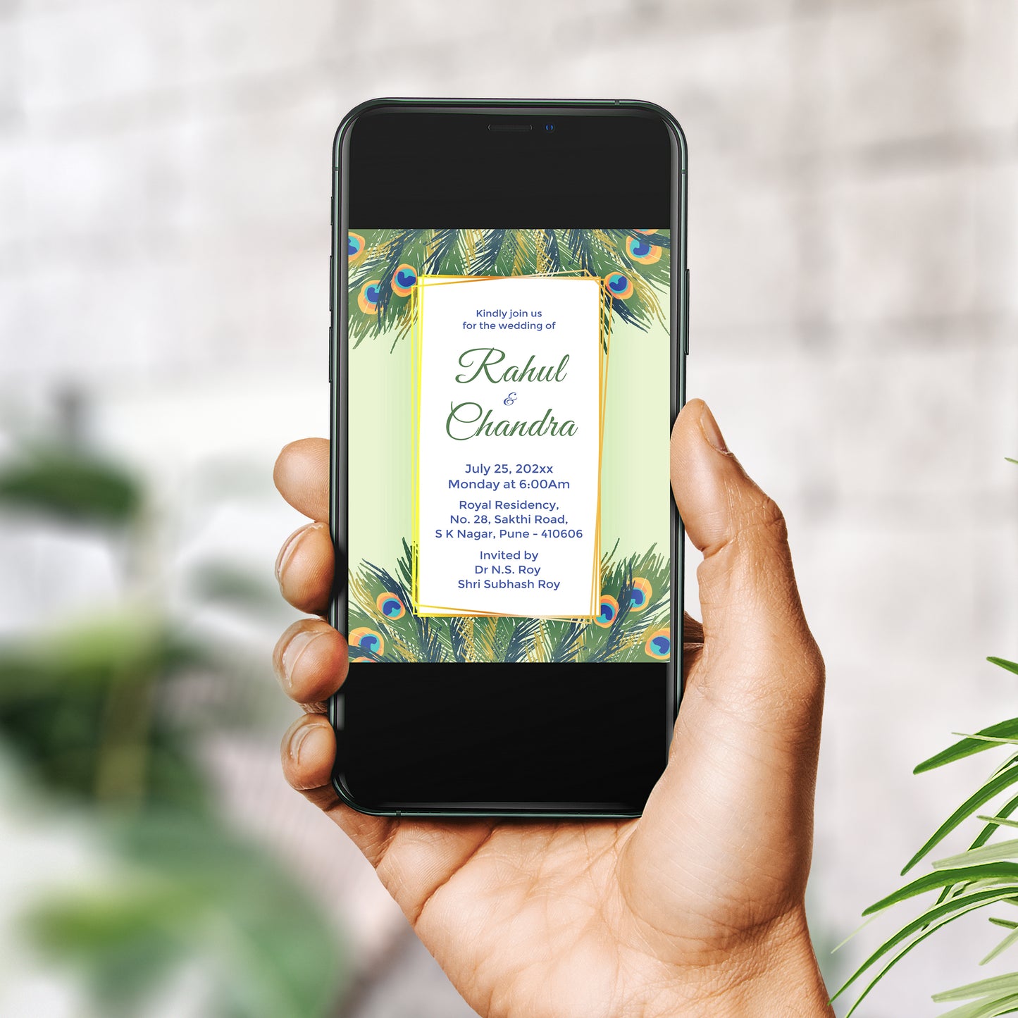 Green Peacock Coverts Wedding Invitation Template, Printable Invitation, Evite, Digital Wedding Invite, – W075