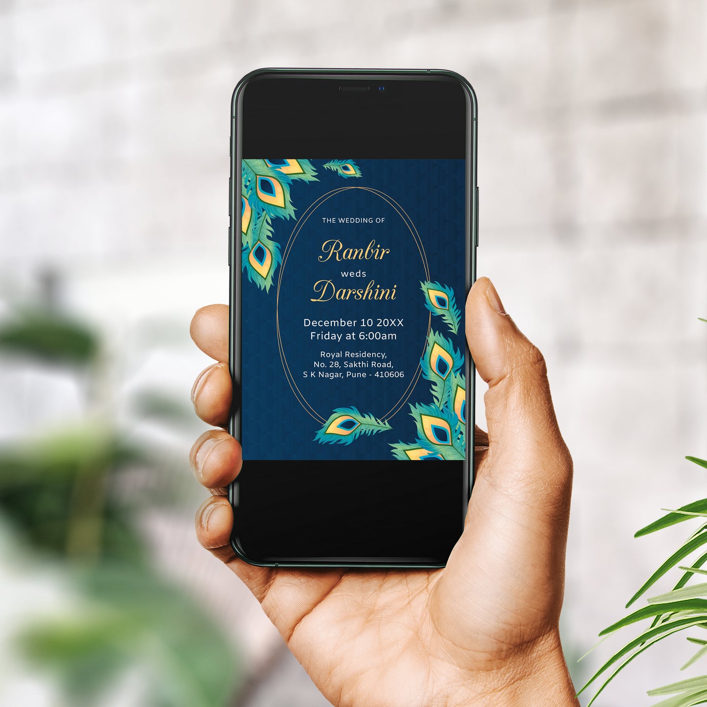 Forest Green Peacock Wedding Invitation Template, Printable Invitation, Evite, Digital Wedding Invite, – W072