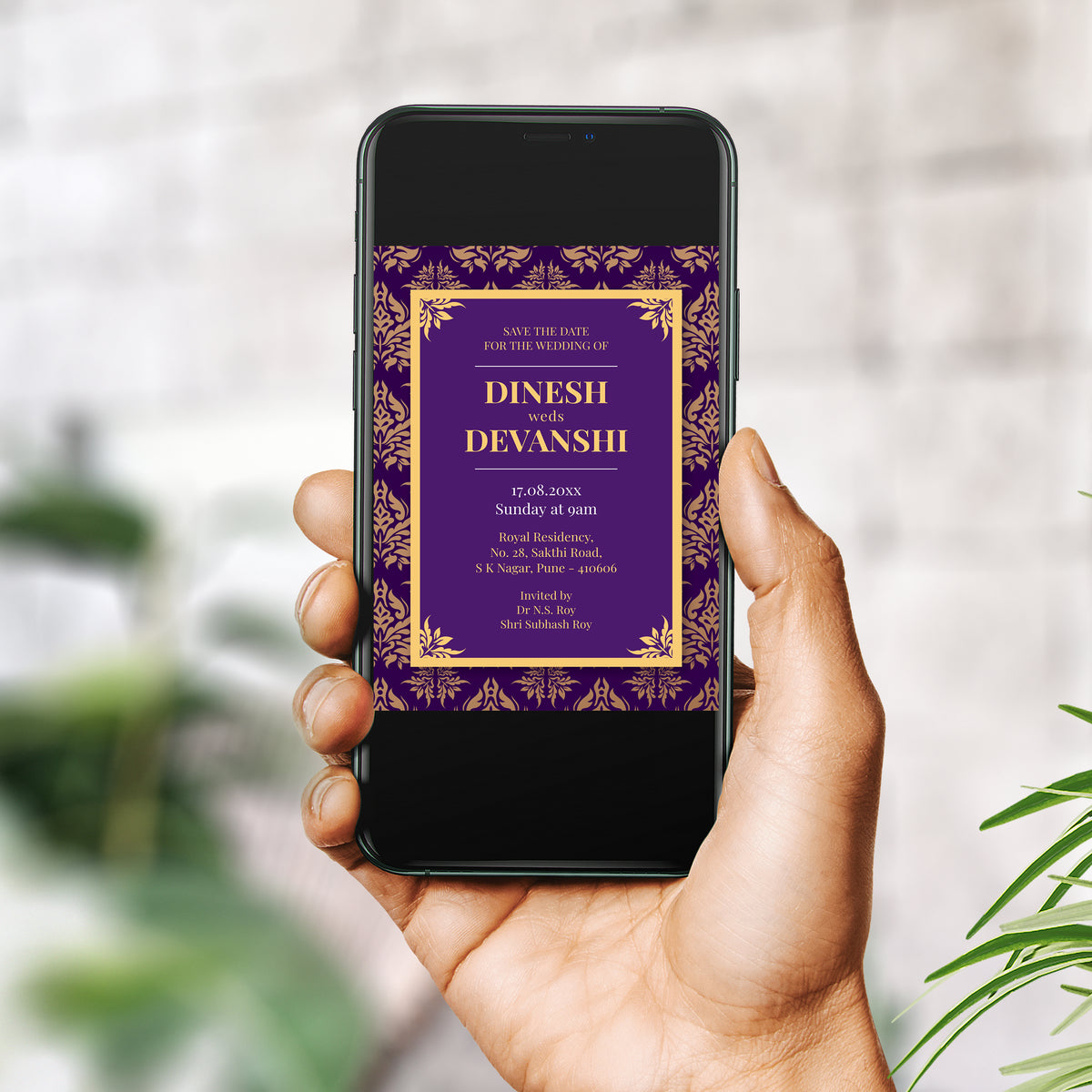Purple Gold Floral Wedding Invitation Template, Printable Invitation, Evite, Digital Wedding Invite, – W066