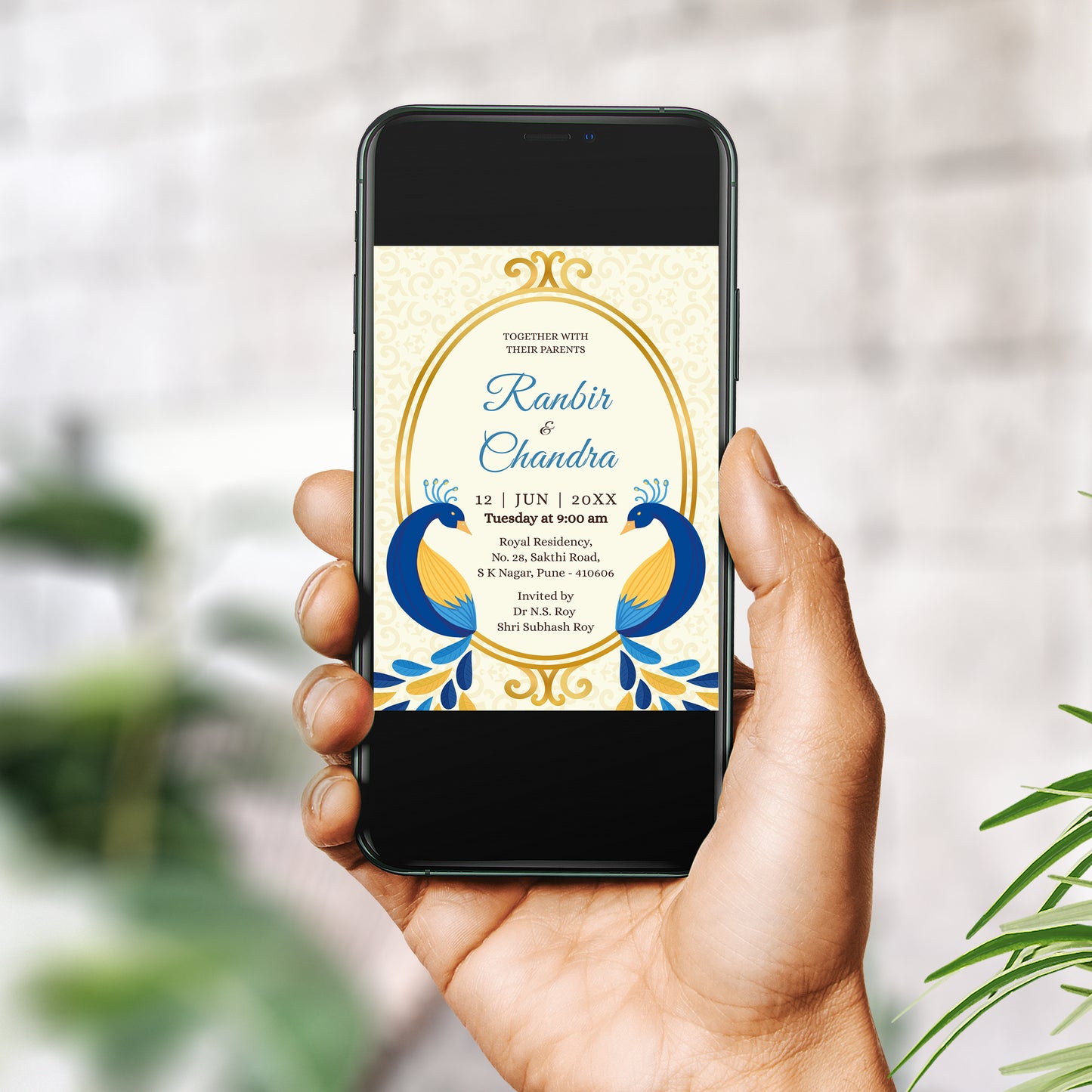 Blue Peacock Floral Wedding Invitation Template, Printable Invitation, Evite, Digital Wedding Invite, – W074