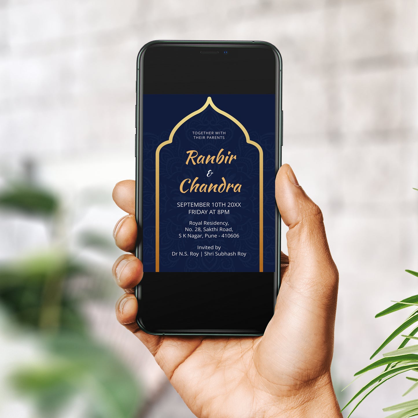 Blue Gold Arch Wedding Invitation Template, Printable Invitation, Evite, Digital Wedding Invite, – W083