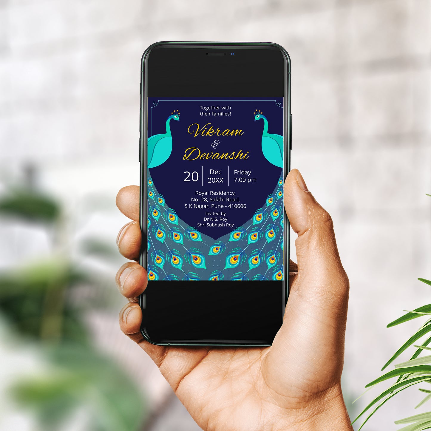 Sapphire Blue Peacock Wedding Invitation Template, Printable Invitation, Evite, Digital Wedding Invite, – W079