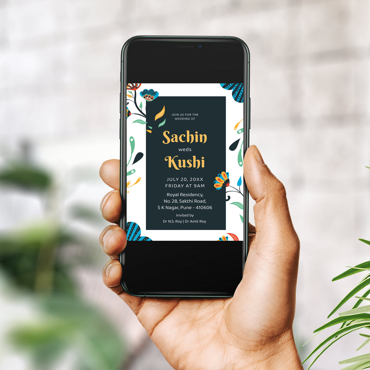 Green Blue Floral Wedding Invitation Template, Printable Invitation, Evite, Digital Wedding Invite, – W193
