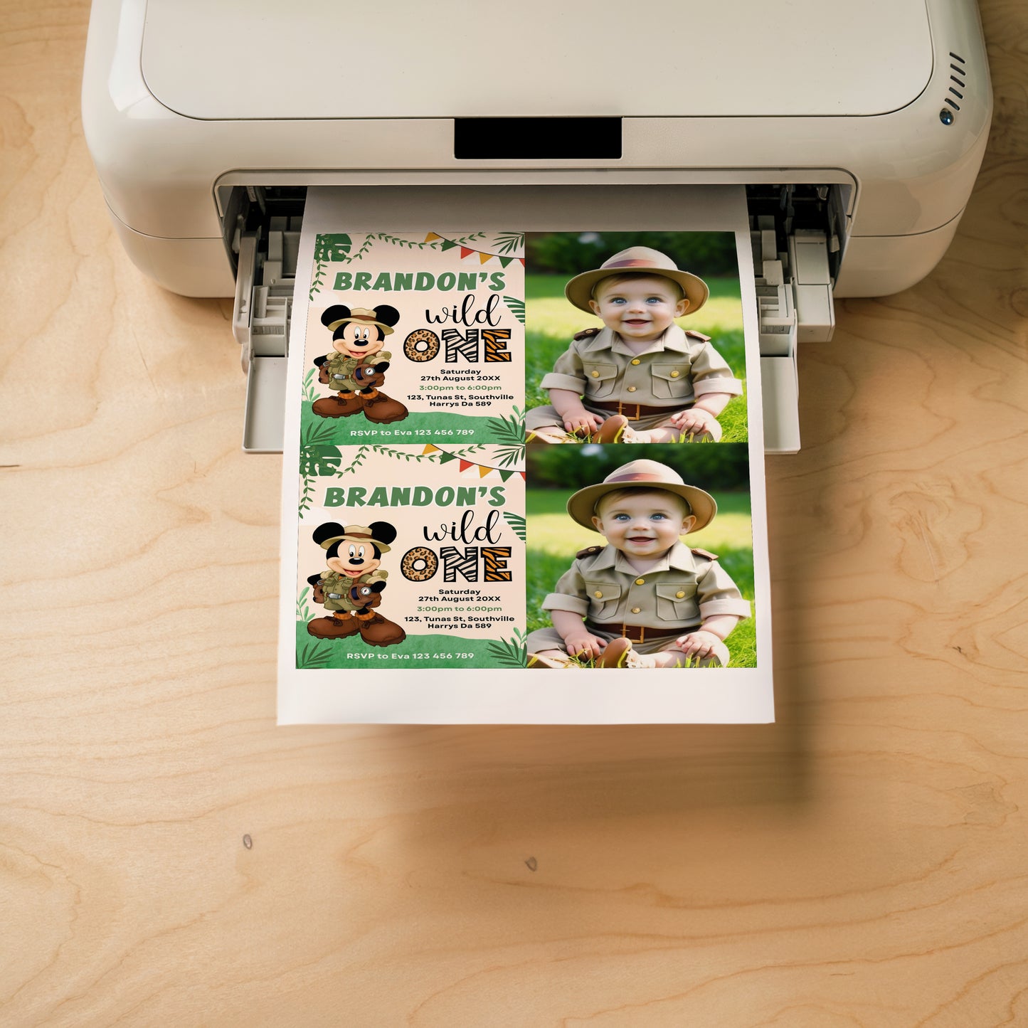 Editable Mickey Mouse 1st Birthday Party Photo Invitation, Mickey Safari Birthday Theme, Wild One Mickey Party Invite, Evite Digital, 0336