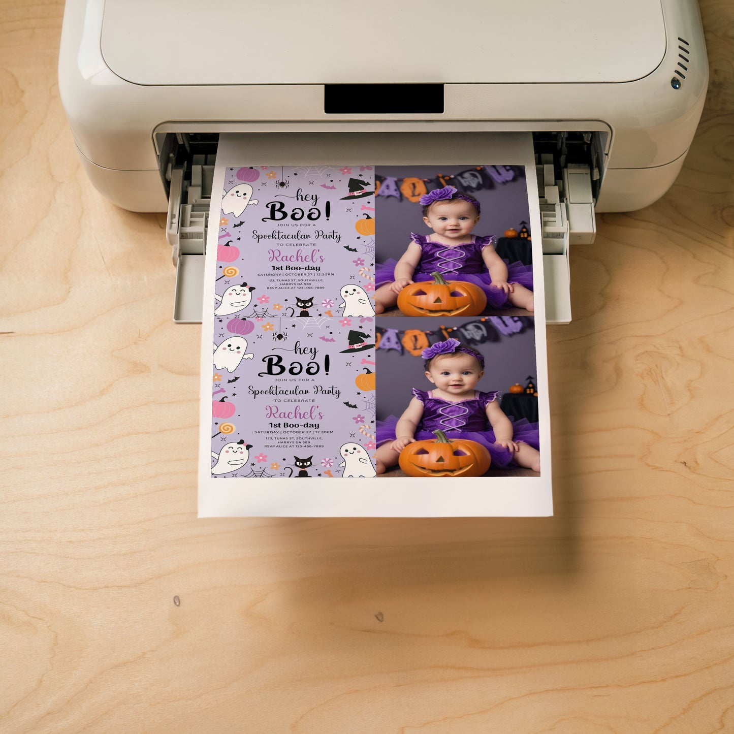 Spooky One Purple Halloween Photo First Birthday Party Invitation Editable Girl 1st Birthday Pumpkin Ghost Boo-Day Invite Printable, 0376