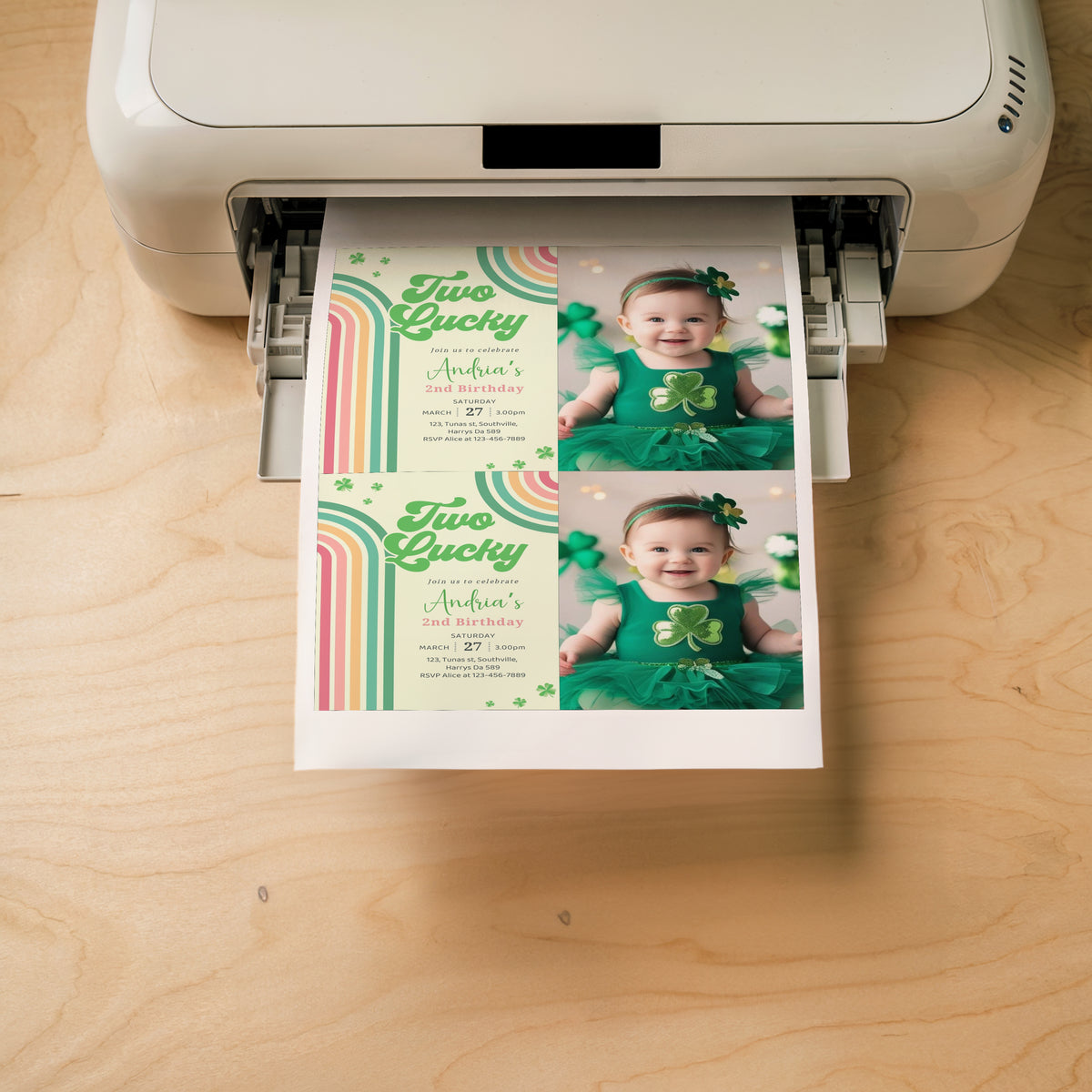 St. Patrick's Day Birthday Photo Invitation Shamrock Rainbow Party Photo Invite Green Lucky One Girl Boy Second 2nd Editable Download, Evite Digital B490