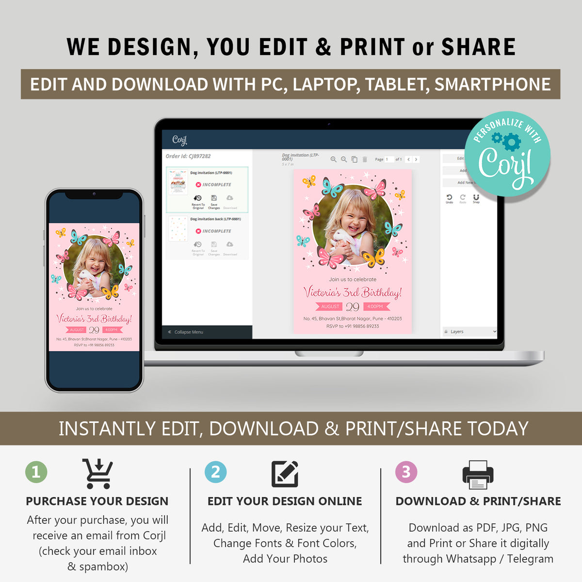 Pink Butterfly Photo Birthday Invitation Template, Printable Photo Invitation, Girl Birthday, Evite, Digital Invite, - B053