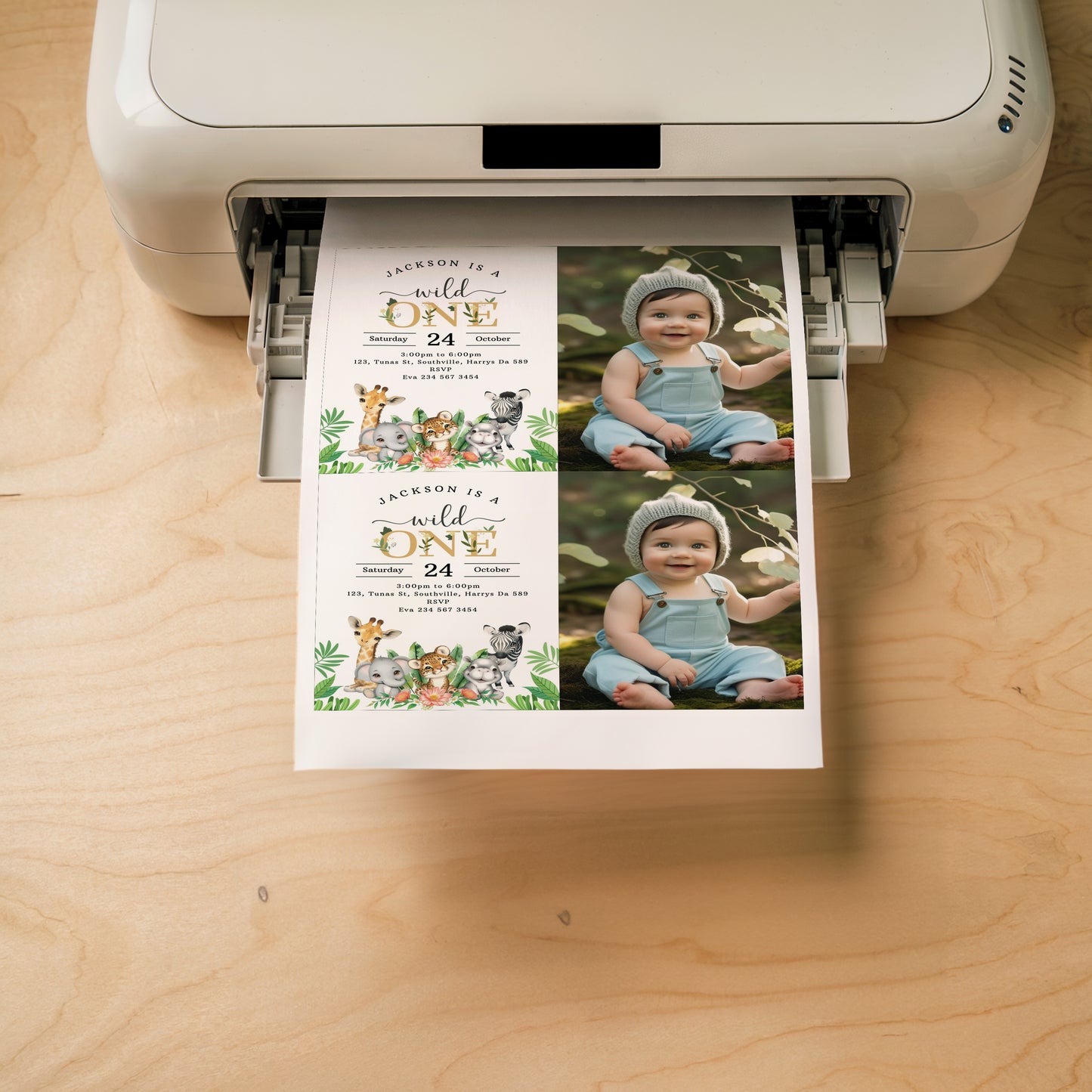 Photo Wild One First Birthday Invitation Template, Editable Safari 1st Birthday Invite, Jungle Evite, Instant Download, Printable, 0535
