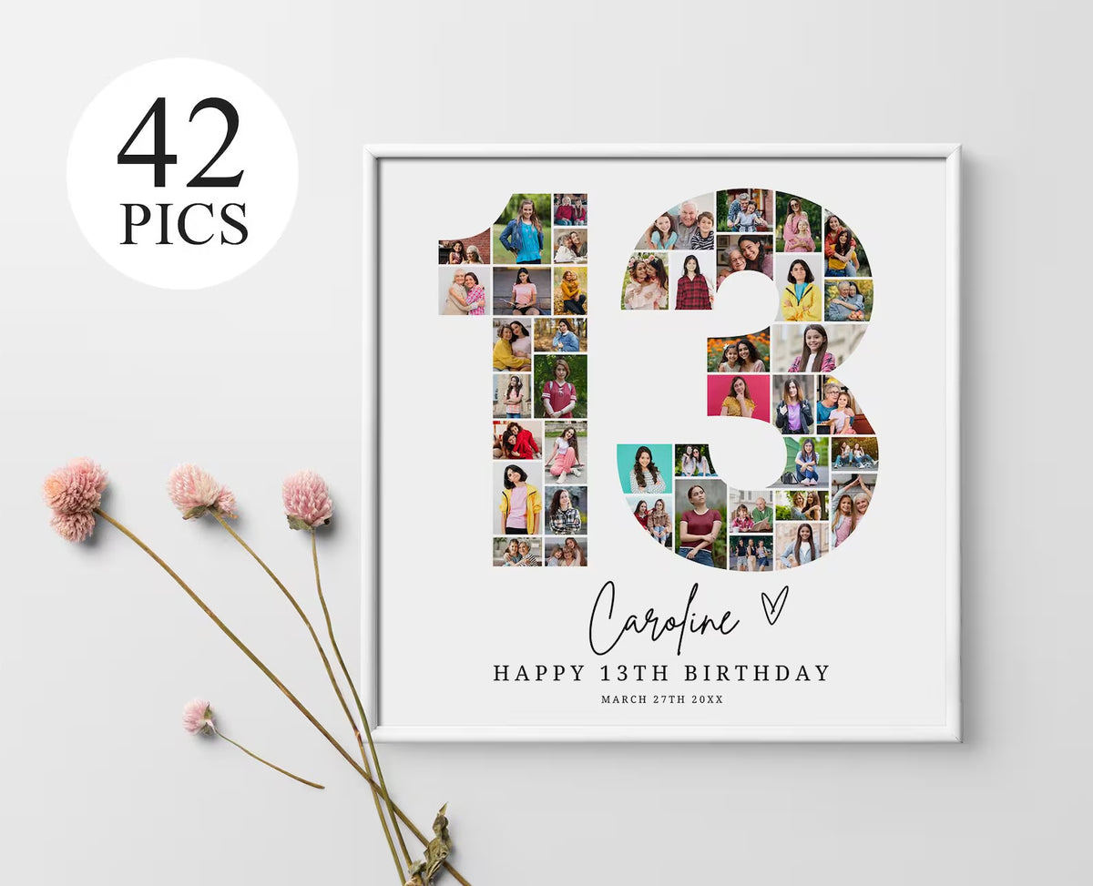 13th Birthday Photo Collage, 13th Birthday Gift, Birthday Number 13 Printable, 13th Photo Collage Template, Editable 18th Birthday, Canva 0669