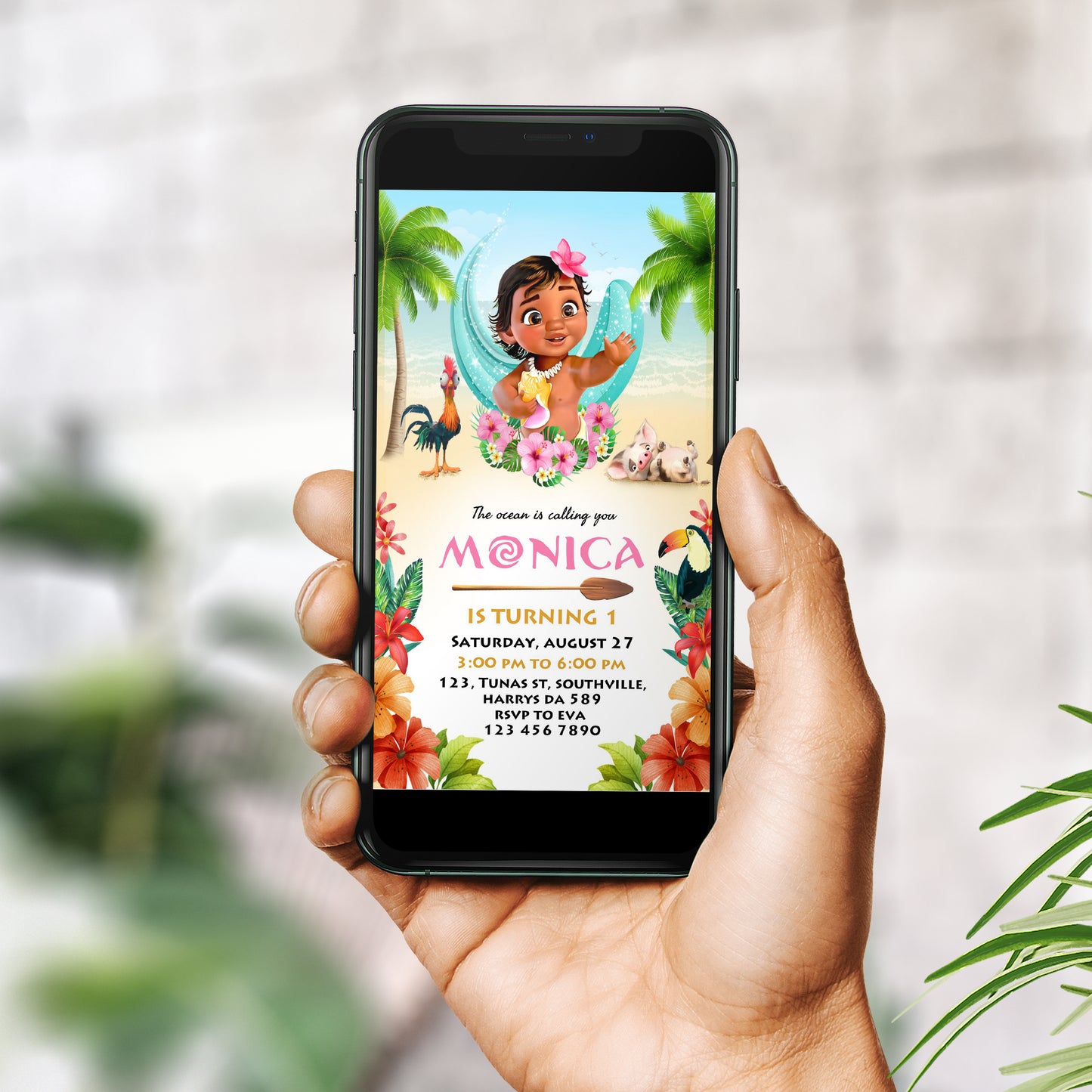 Baby Moana Birthday Invitation Template, Girl Birthday, Evite, Digital Invite, 0004