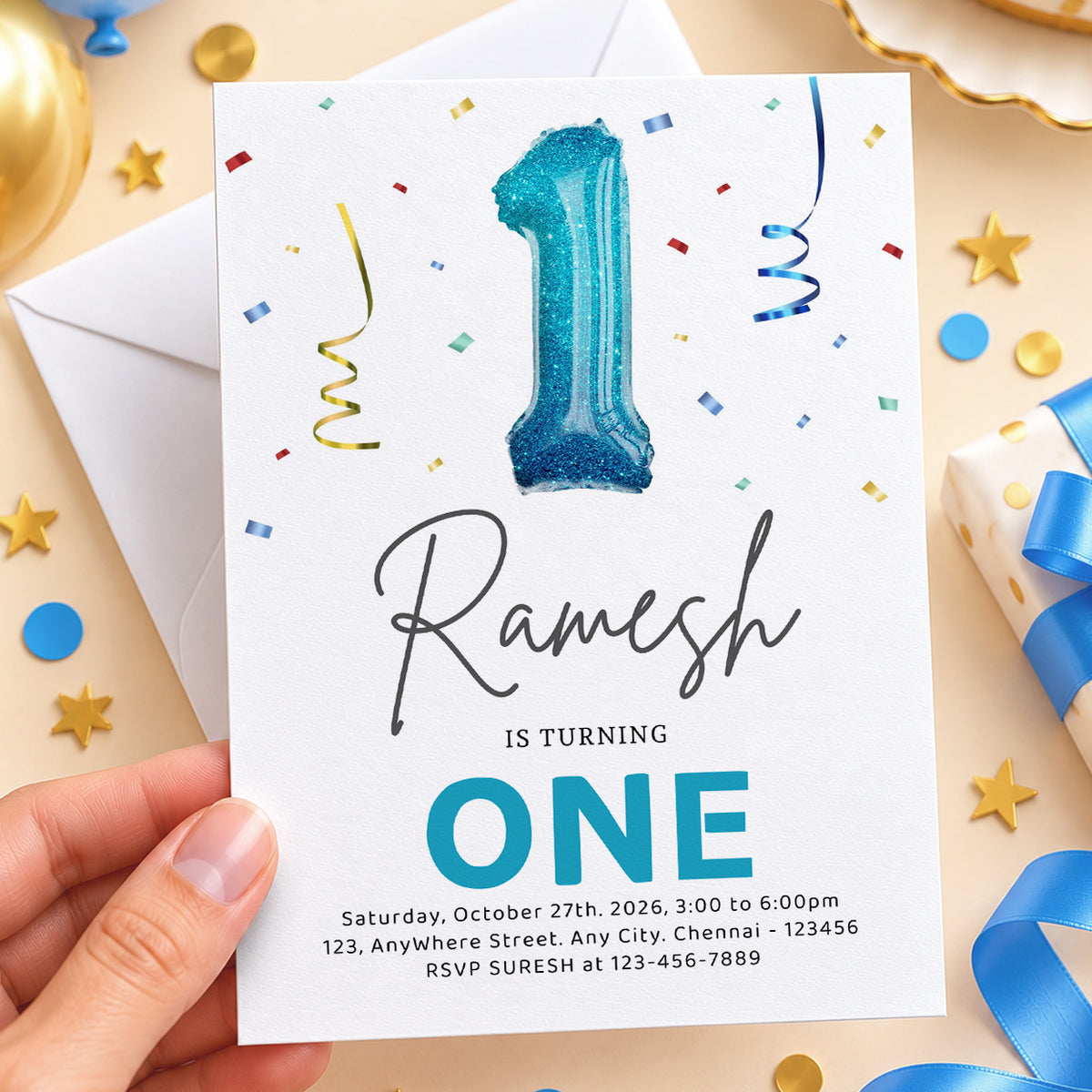 Blue Balloon One 1st Birthday Invitation| Digital & Printed