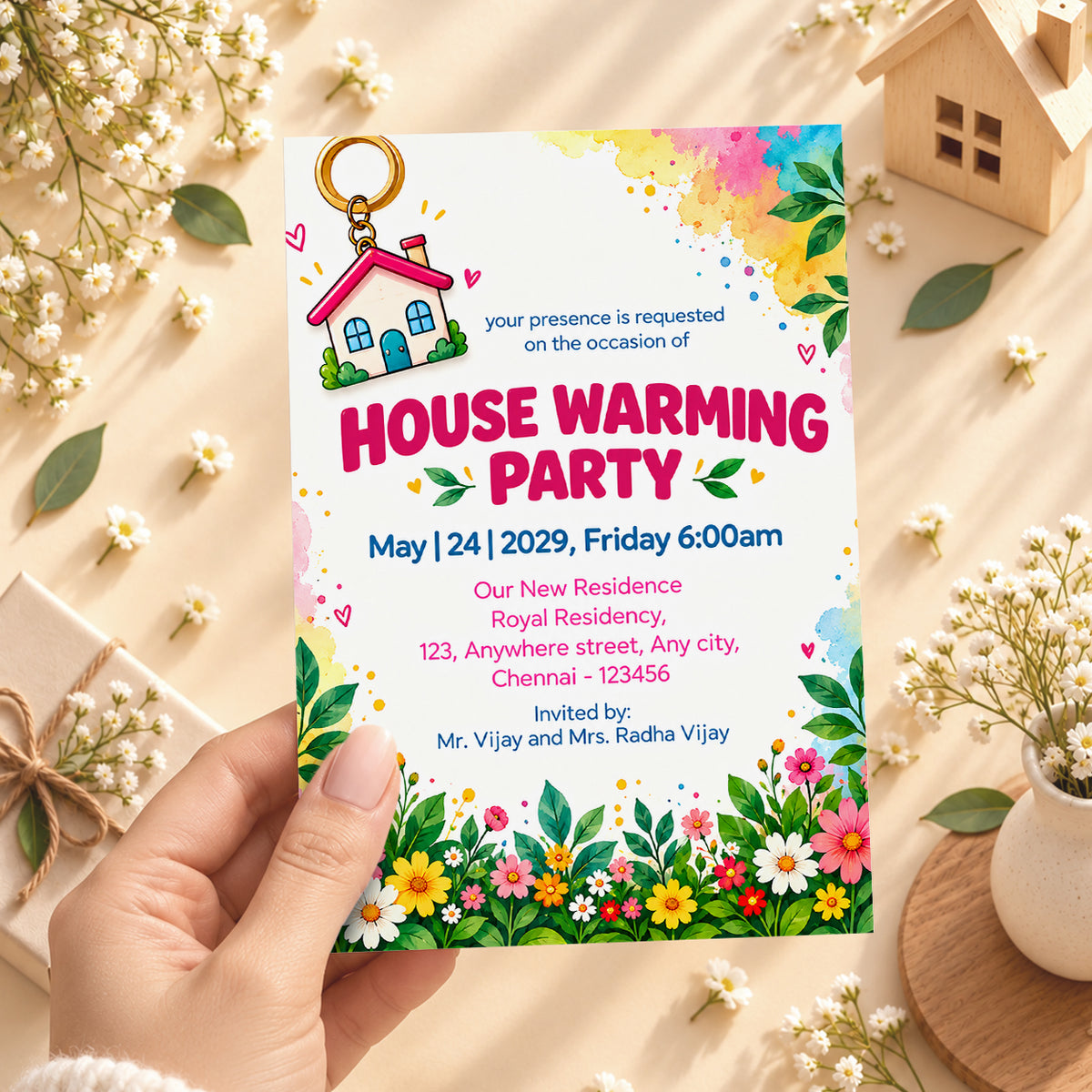 Colorful Floral Keychain Poster Housewarming Invitation | Griha Pravesh