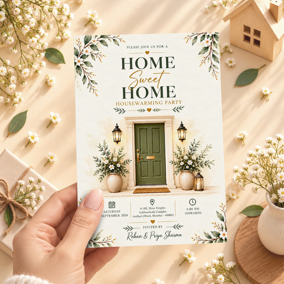 Sage Green Door & Lamp Housewarming Invitation | Digital & Printed