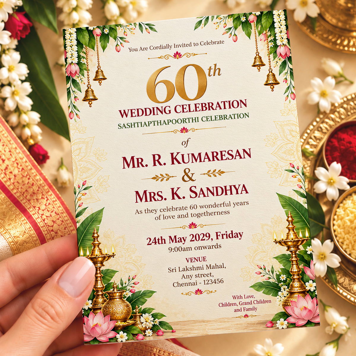 Elegant 60th Wedding Anniversary Invitation | Sashtiapthapoorthi Digital & Printed