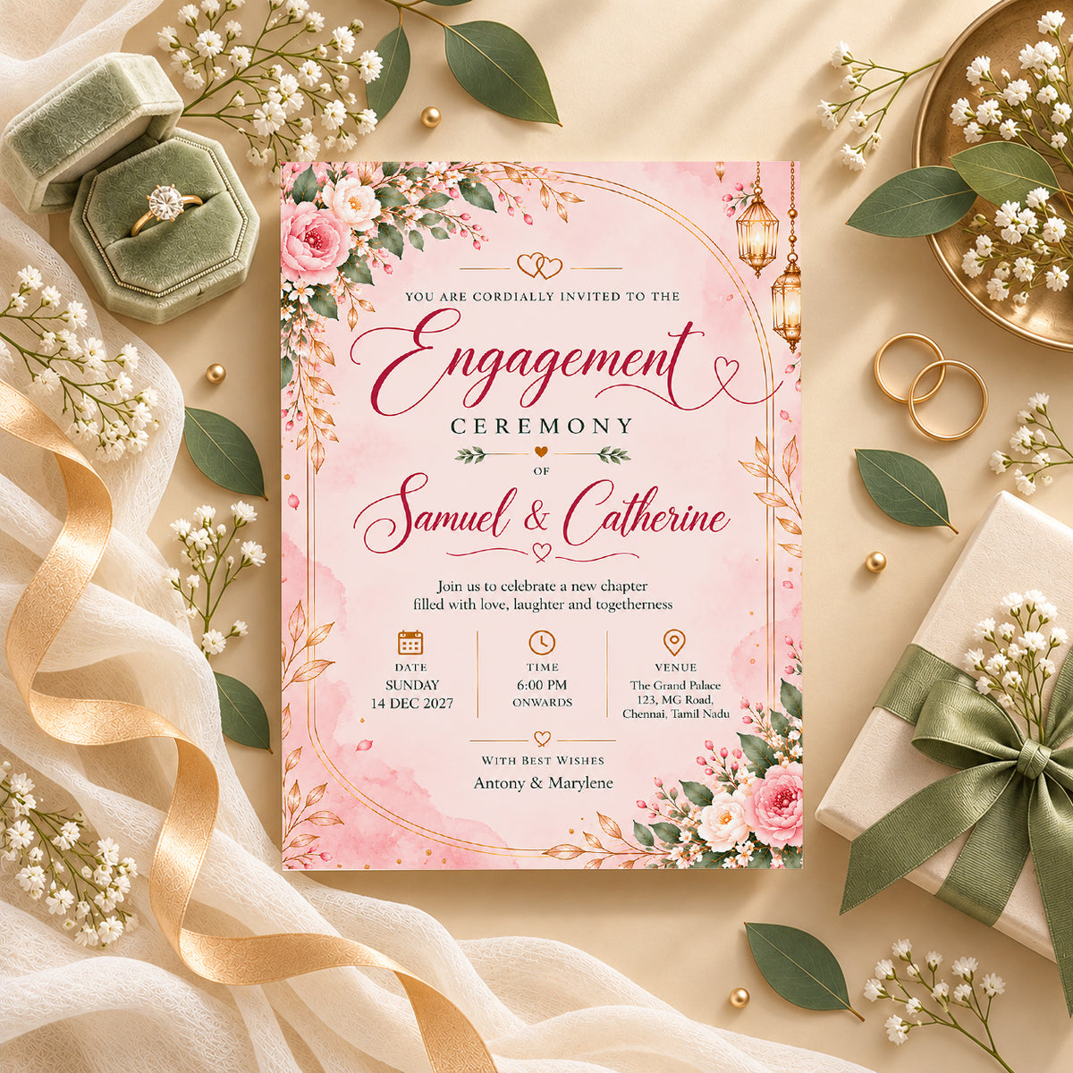 Elegant Blush Floral Engagement Invitation | Digital & Printed
