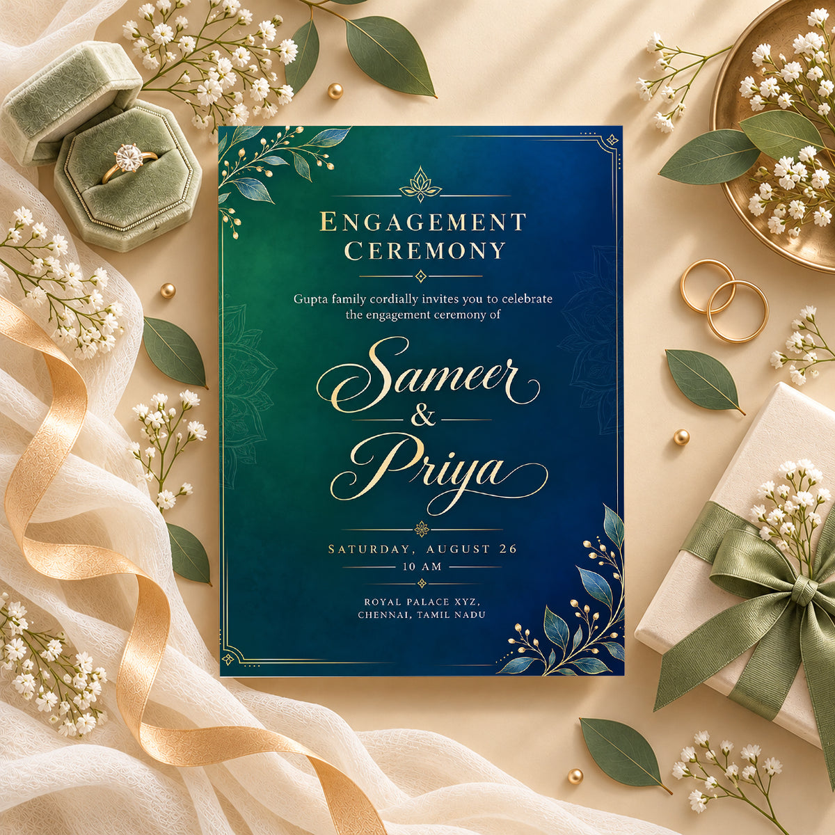 Elegant Emerald Green & Navy Blue Engagement Invitation | Digital & Printed