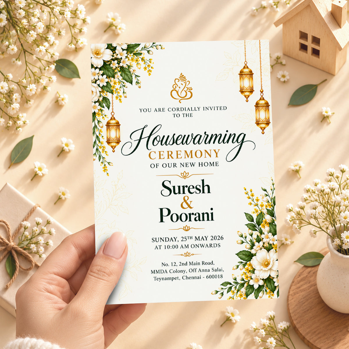 Elegant Gold and Green Housewarming Invitation | Griha Pravesh