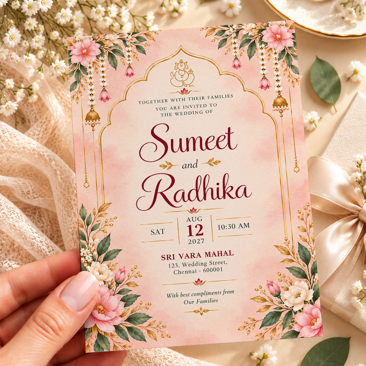Elegant Pink Indian Wedding Invitation Card