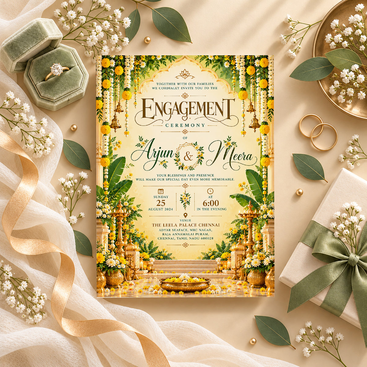 Elegant South Indian Engagement Invitation | Digital & Printed