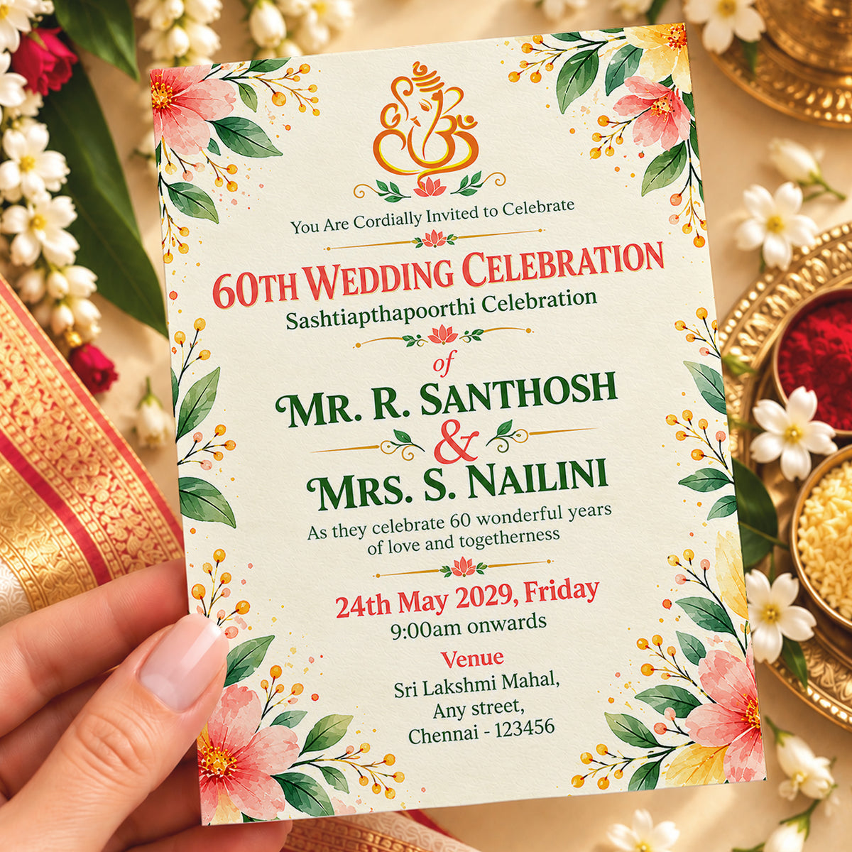 Elegant Watercolor Floral 60th Wedding Anniversary Invitation | Digital & Printed