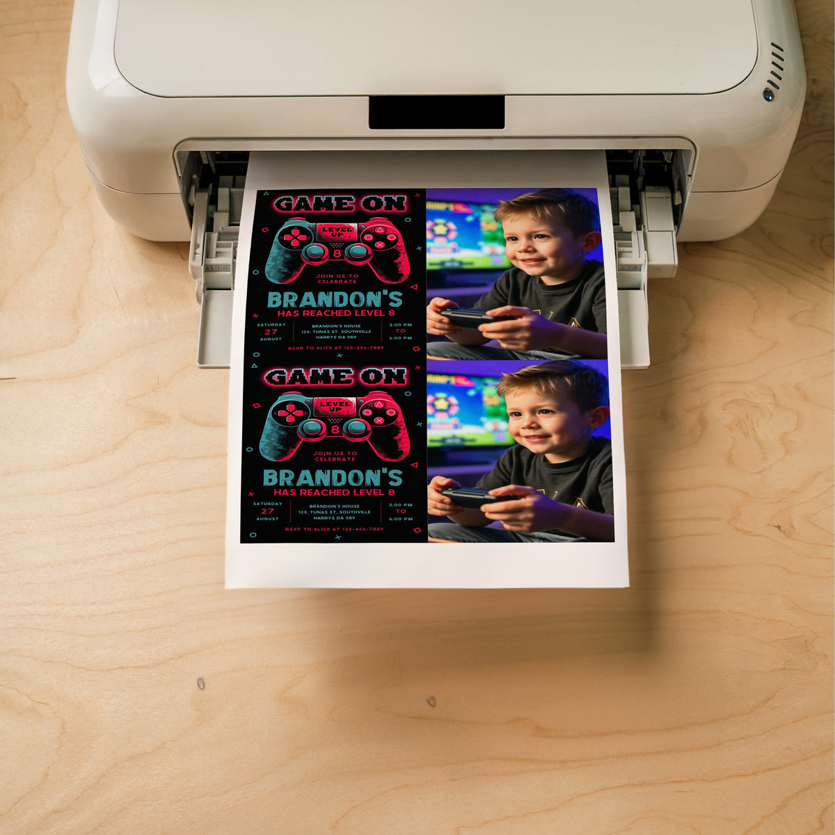 Video Game Party Photo Invitation, EDITABLE Level Up Birthday Photo Invite, Blue Neon Glow Gamer Boy Template with Picture Arcade Party Invitation 0384