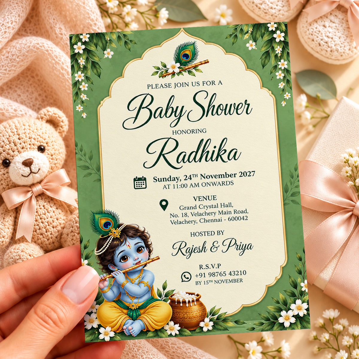 Green Little Krishna Baby Shower Invitation | Digital & Printed