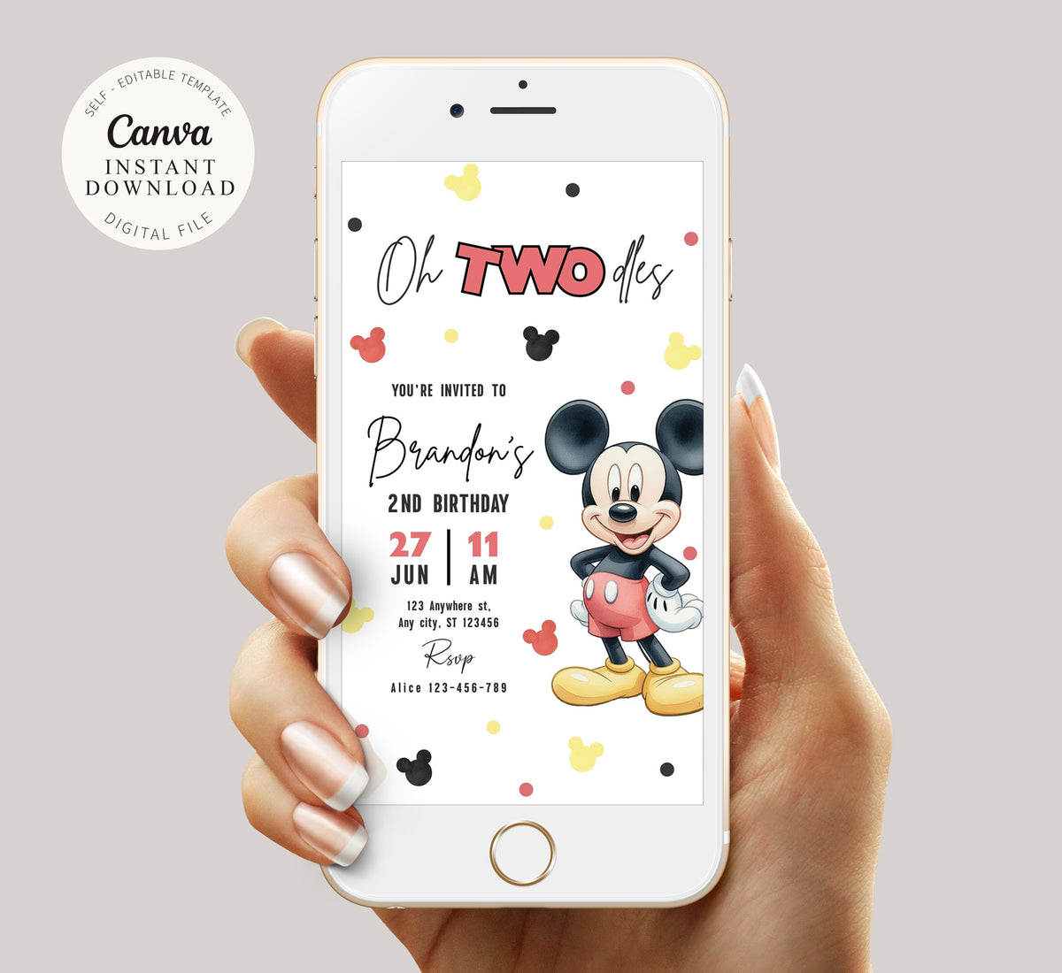 Mickey Oh TWOdles Birthday Digital Invitation, Boho Mickey Invite Template, Phone Invite, Evites, Mobile Invite, Mouse Second Birthday 0740
