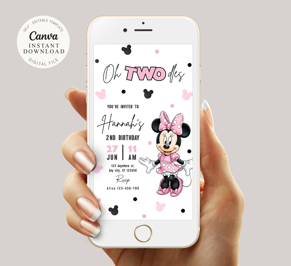 Minnie Oh TWOdles Birthday Digital Invitation, Boho Minnie Invite Template, Phone Invite, Evites, Mobile Invite, Minnie Second Birthday 0741