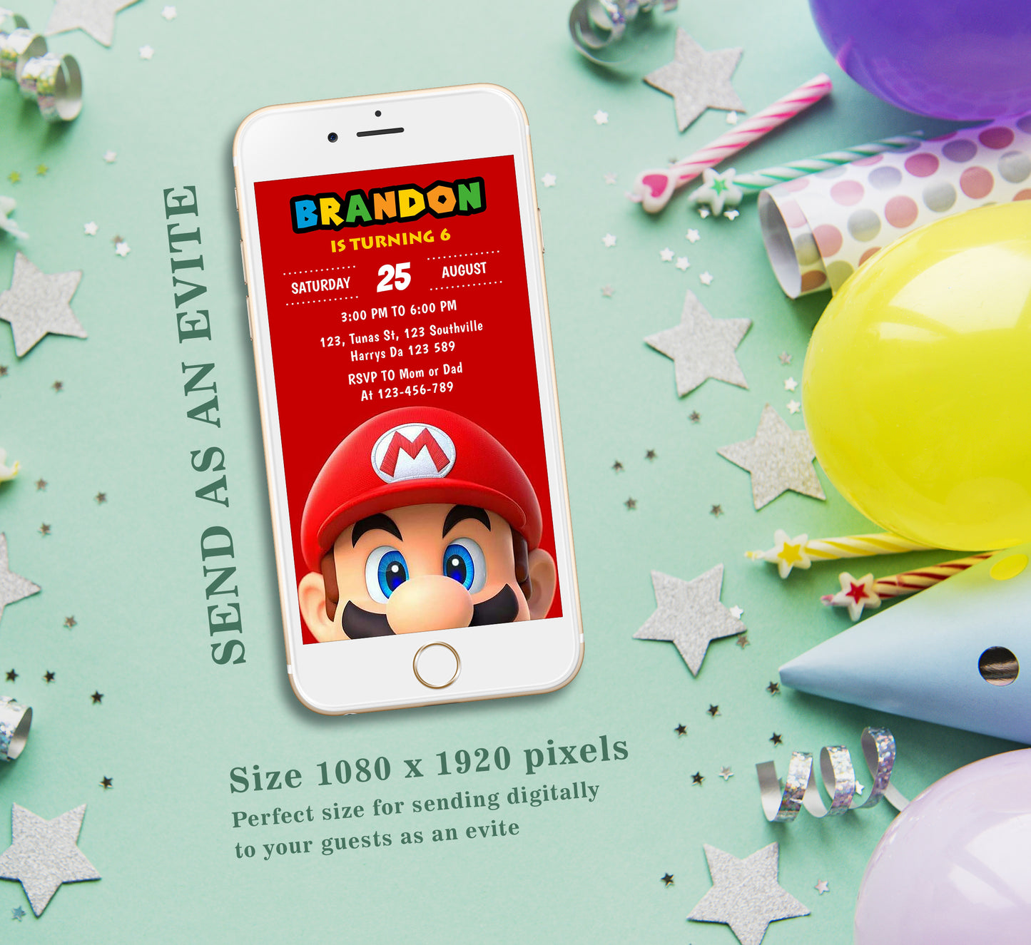 Super Mario Birthday Invitation Template, Girl Birthday, Evite, Digital Invite, 0294