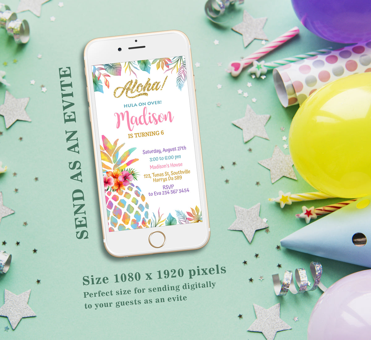 Pineapple Birthday Invitation Template, Girl Birthday, Evite, Digital Invite, 0173