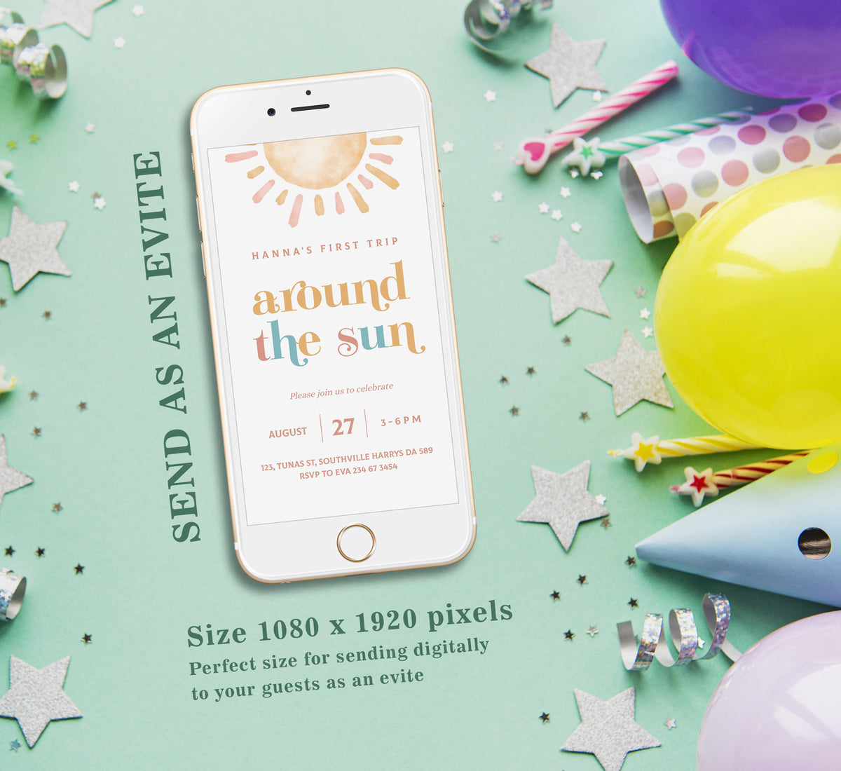 Sun Birthday Invitation Template, Girl Birthday, Evite, Digital Invite, 0286