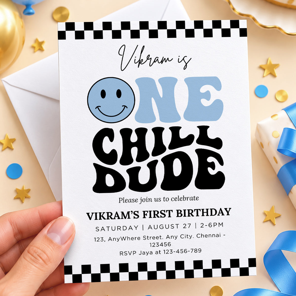 One Chill Dude Blue 1st Birthday Invitation | Digital & Printed