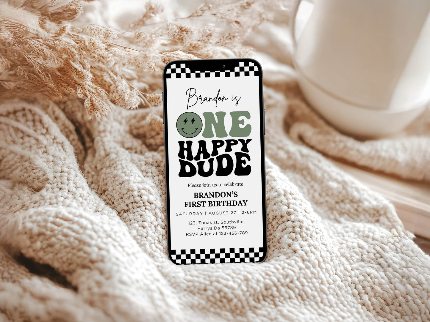 One Happy Dude First Birthday Invitation, Editable Retro Cool Boy1st Birthday Invite Minimal Sage Green Happy Smile Face Party Evite 0540