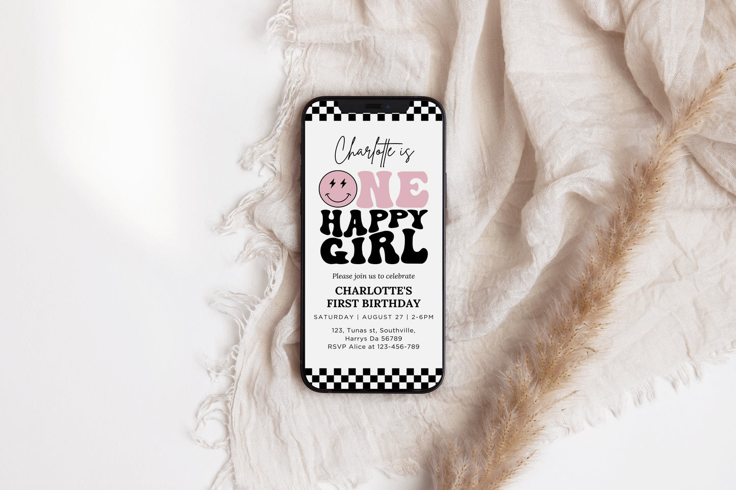 Editable One Happy Girl Birthday Digital Invitation Smiley Face One Happy Babe First Birthday Phone Text Electronic Invite Template 0410