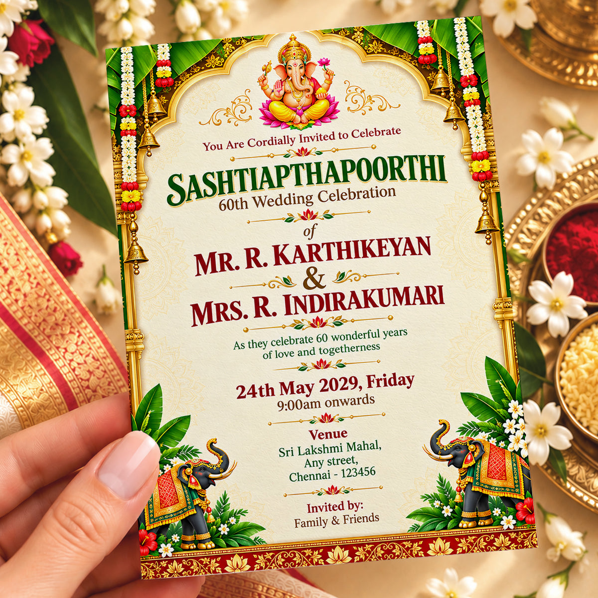 Ornate Ganesha Temple 60th Wedding Anniversary Invitation | Digital & Printed