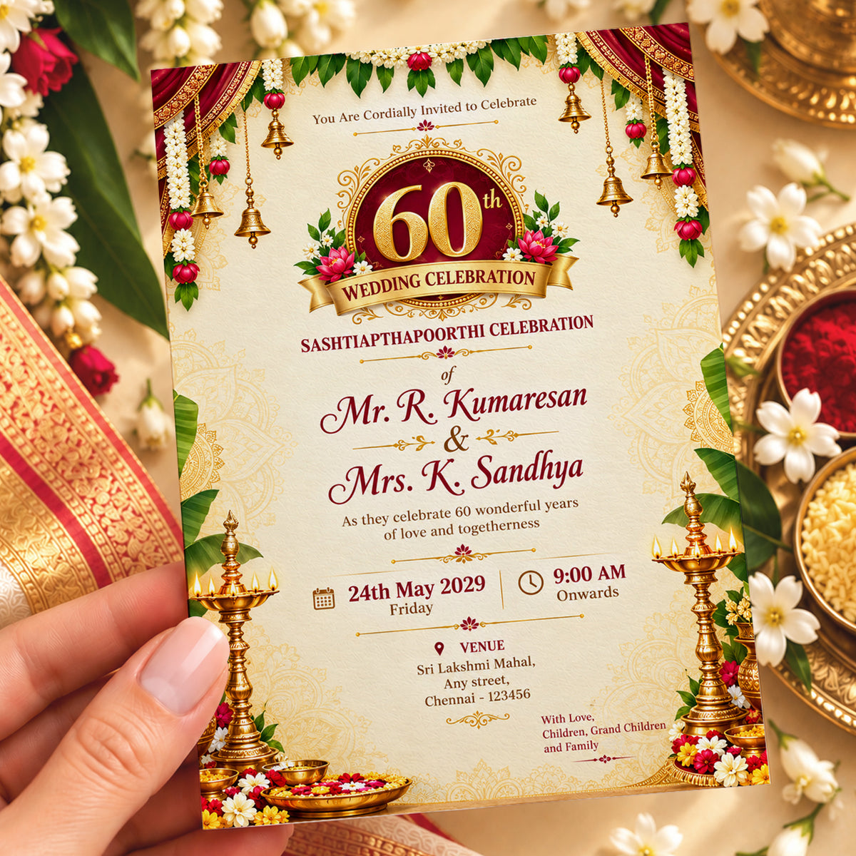 Ornate Indian 60th Wedding Anniversary Invitation | Sashtiapthapoorthi