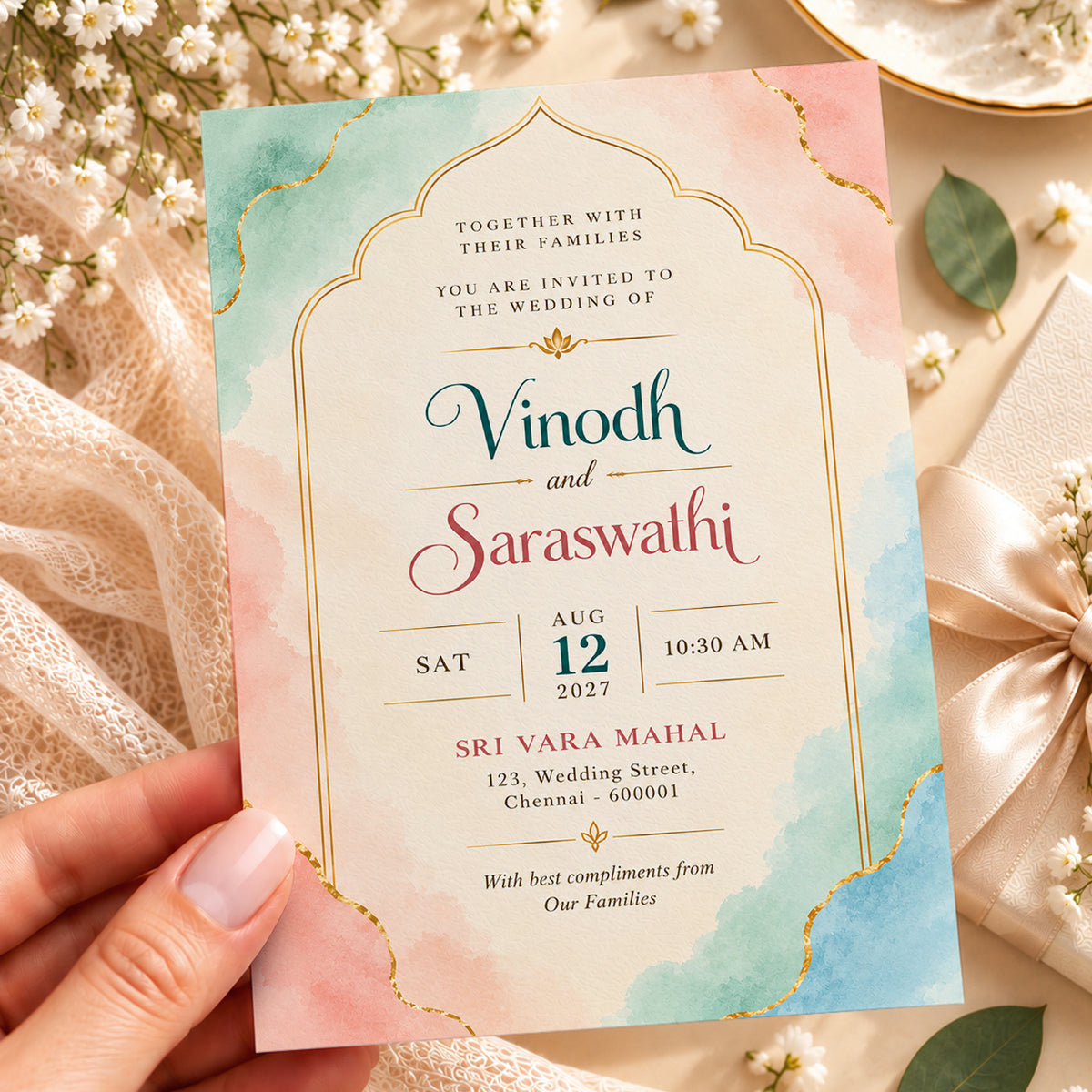 Pastel Watercolor Indian Wedding Invitation Card