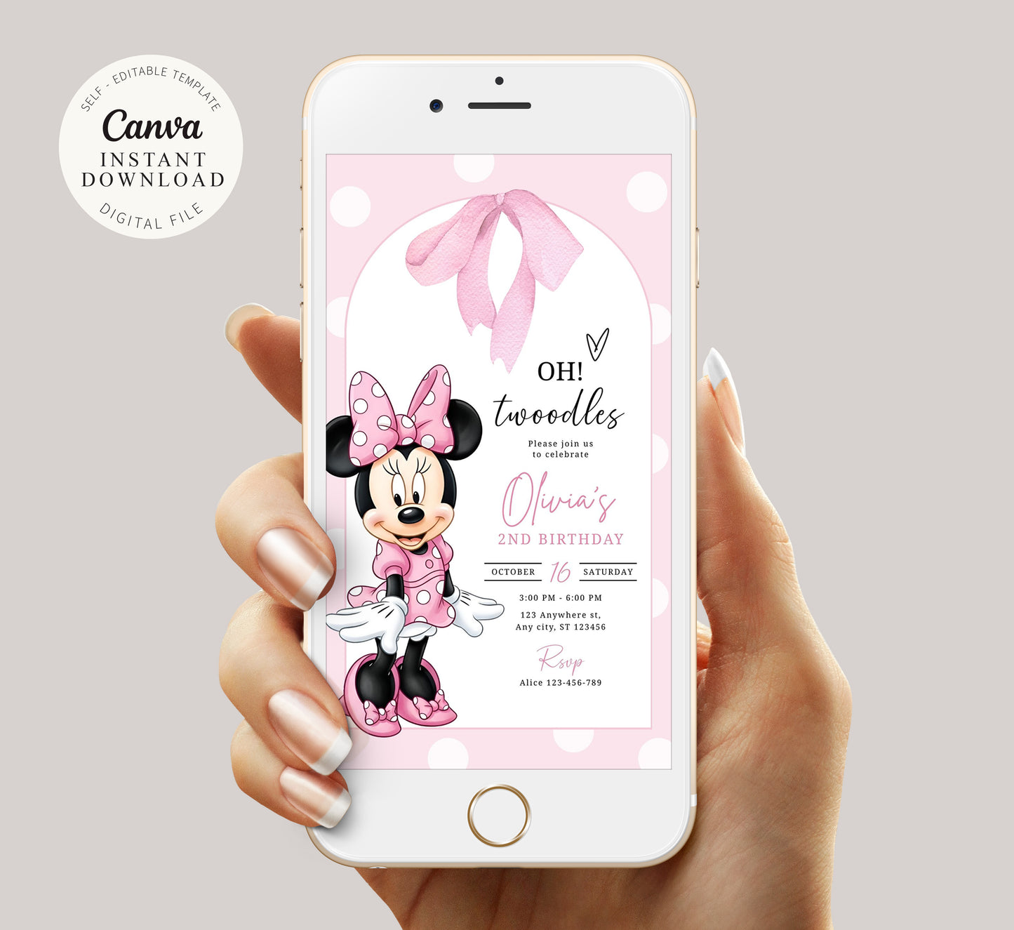 Minnie Birthday Invitation Template, Girl Birthday, Evite, Phone Invite, Digital Invite, 0714