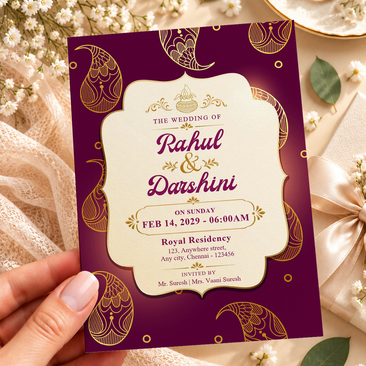 Red & Gold Petal Wedding Invitation | Digital & Printed