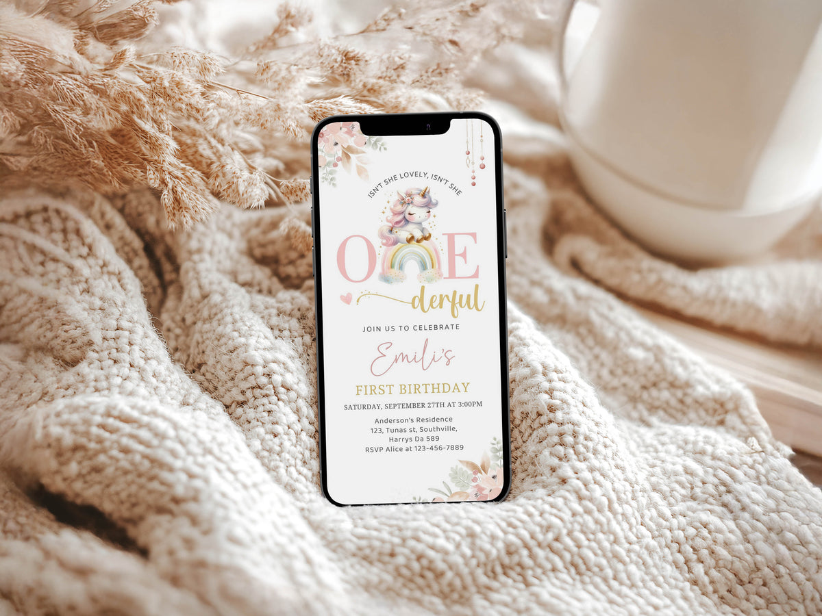 Girl Onederful Birthday Invitation Electronic, Cute Unicorn Rainbow First Birthday Party Evite Template, Digital Text Birthday Invite 0492