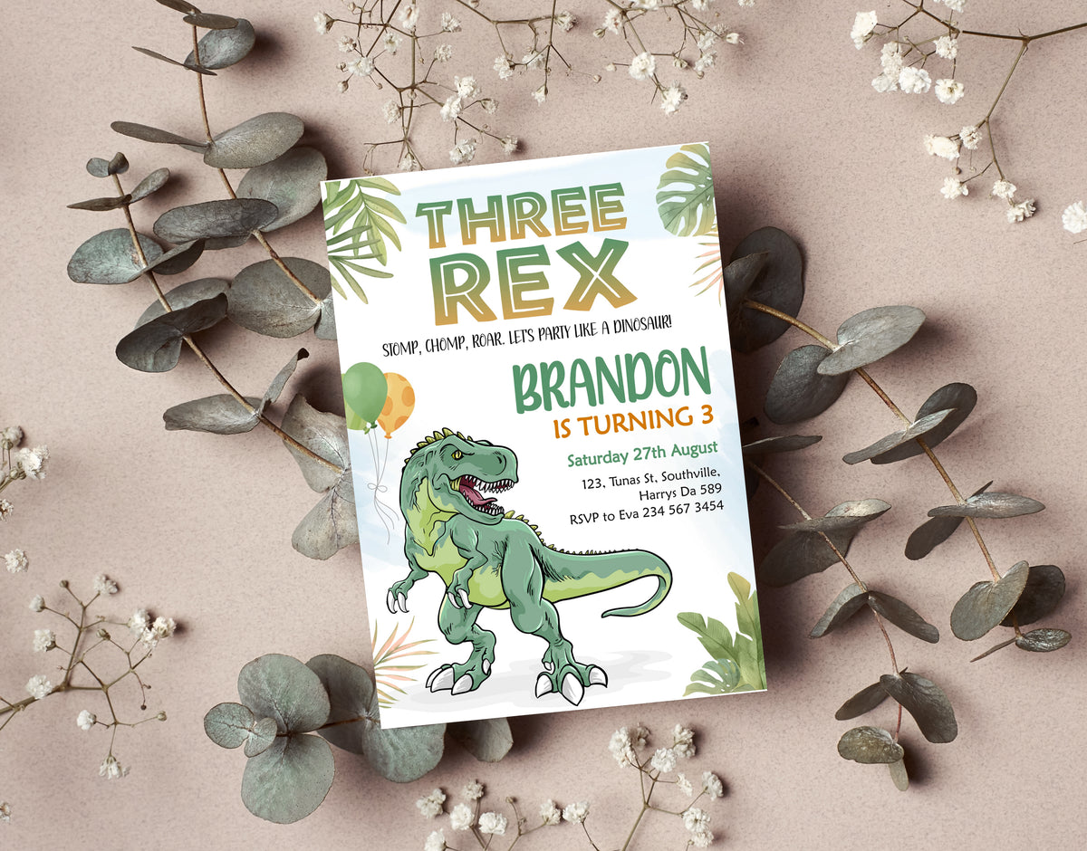 Three Rex Birthday Invitation Template, Printable Invitation, Boy Birthday, Evite, Digital Invite, 0285