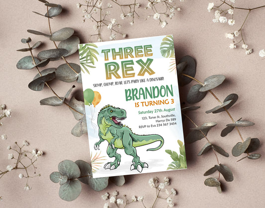 Three Rex Birthday Invitation Template, Printable Invitation, Boy Birthday, Evite, Digital Invite, 0285