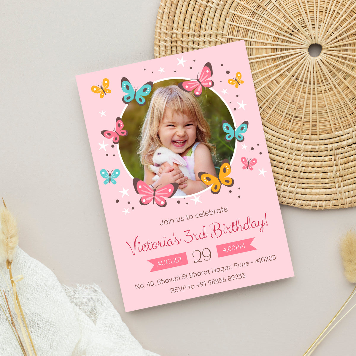 Pink Butterfly Photo Birthday Invitation Template, Printable Photo Invitation, Girl Birthday, Evite, Digital Invite, - B053