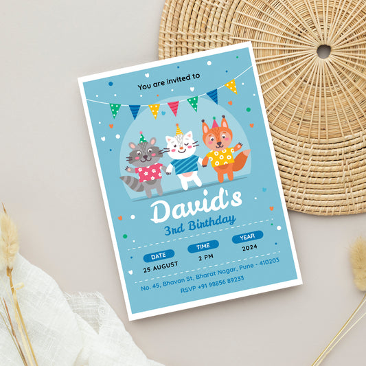 Cat Birthday Invitation Template, Printable Invitation, Boy Birthday, Evite, Digital Invite,  - B096