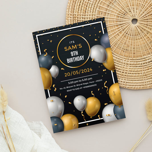 Black Gold Birthday Invitation Template, Printable Invitation, Boy Birthday, Evite, Digital Invite,  - B007