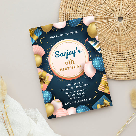 Blue Balloon Birthday Invitation Template, Printable Invitation, Boy Birthday, Evite, Digital Invite, - B048
