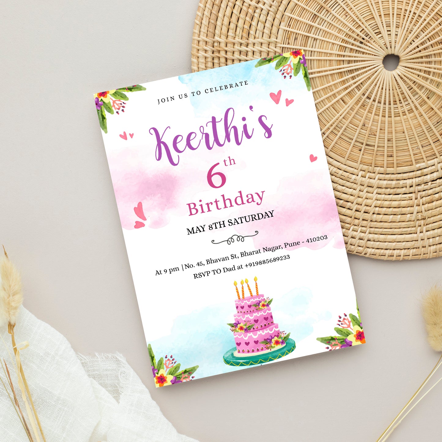 Cake Birthday Invitation Template, Printable Invitation, Girl Birthday, Evite, Digital Invite,  - B002