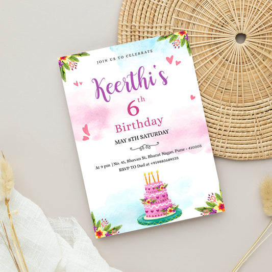 Cake Birthday Invitation Template, Printable Invitation, Girl Birthday, Evite, Digital Invite,  - B002