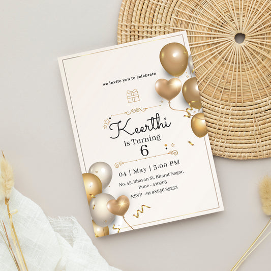 Golden Balloon Birthday Invitation Template, Printable Invitation, Girl Birthday, Evite, Digital Invite,- B084